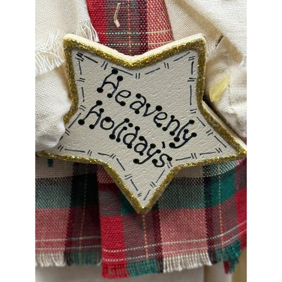 Vtg. Primitive Wooden Christmas Angel Doll Plaid Dress "Heavenly Holidays" Decor - Picture 3 of 7